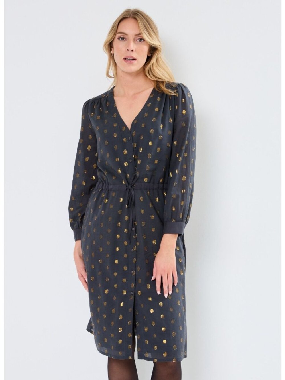 Leon & Harper Blue & Gold Polka Dot Remedy Shirt Dress, Size S